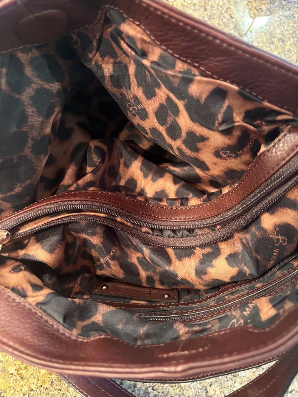 Makowsky Rose-Gold Studded Brown Leather Crossbody Hobo Bag - Picture 7 of 9